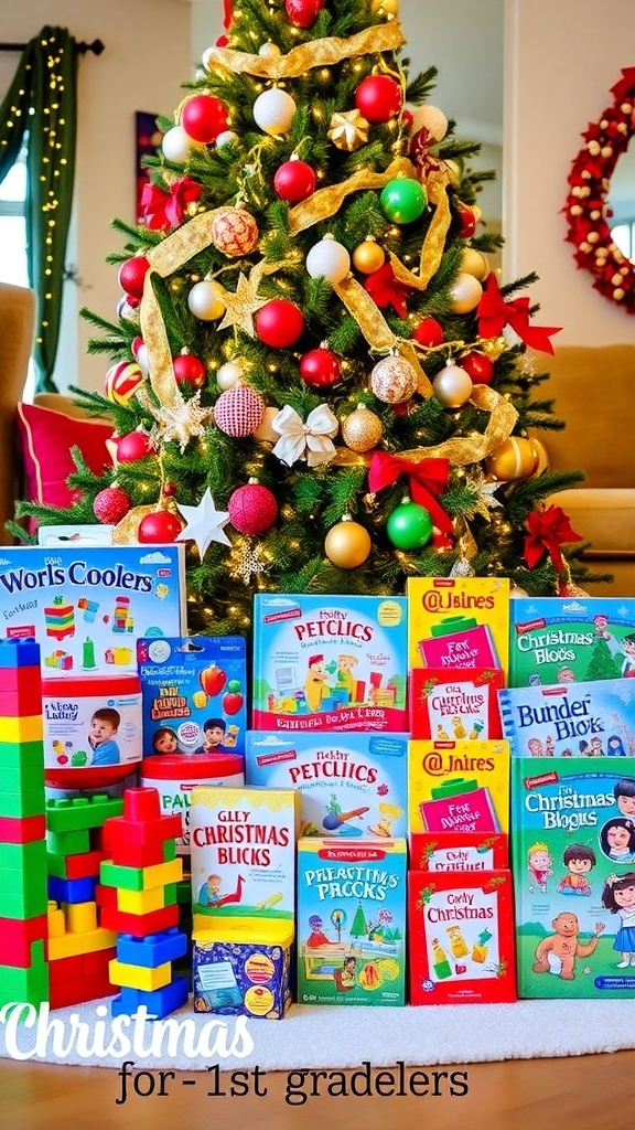 Creative Christmas Gift Ideas for 1st Graders A collection of Christmas gifts for children, featuring toys and art supplies under a decorated tree.